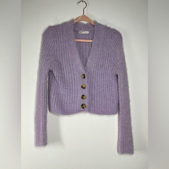 STR Purple Ribbed Cropped Cardigan Size S Lashed - Picture 1 of 11